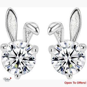 925 Sterling Silver Cubic Zirconia Crystal Rabbit Stud Earrings Hypoallergenic